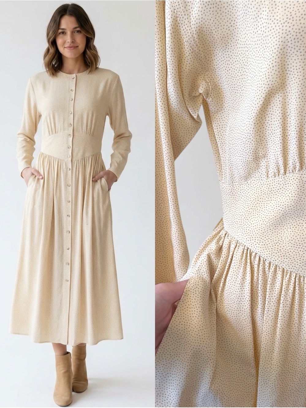 Vtg 90s Liz Claiborne Rayon Basque Waist Maxi Midi Dress Pockets Cream Dot 8P 4P